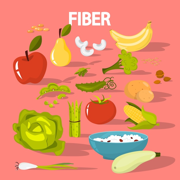 Vector juego de alimentos con fibra. frijoles y brócoli, arroz