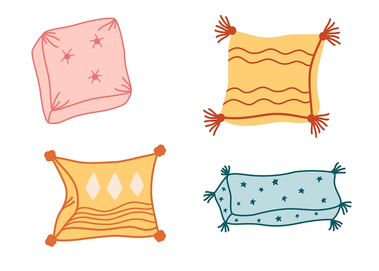Vector juego de almohadas almohada de cama de moda en estilo boho con patrones geométricos abstractos diseño moderno de cojín para el interior del hogar ilustración dibujada a mano aislada en el fondo blanco