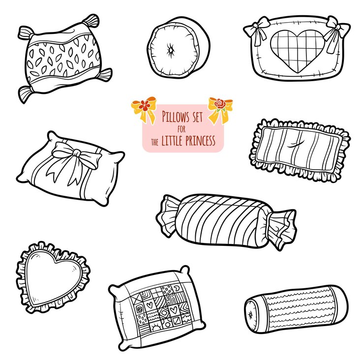 Vector juego de almohadas en blanco y negro, colección de dibujos animados de vector