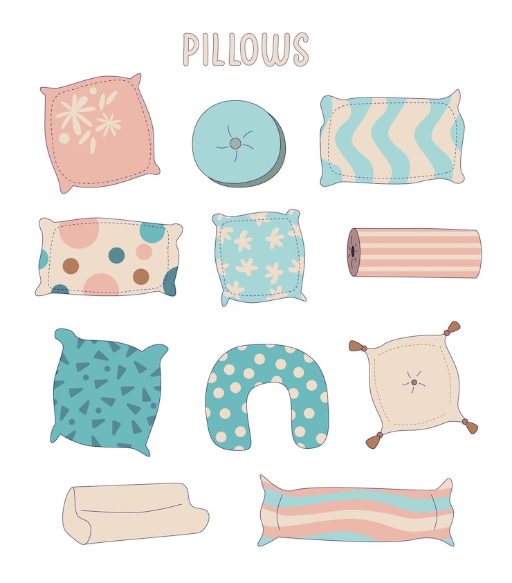 Vector juego de almohadas deferentes accesorios para dormir elementos de cama