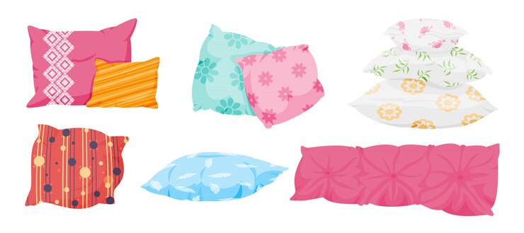 Vector juego de almohadas, estilo plano de dibujos animados. almohadas para sofá, cama, dormir o relajarse. pluma clásica