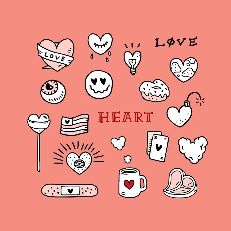 Juego de amor tatuaje dibujado a mano ilustración vectorial Pegatinas de San Valentín Juego de colección de amor