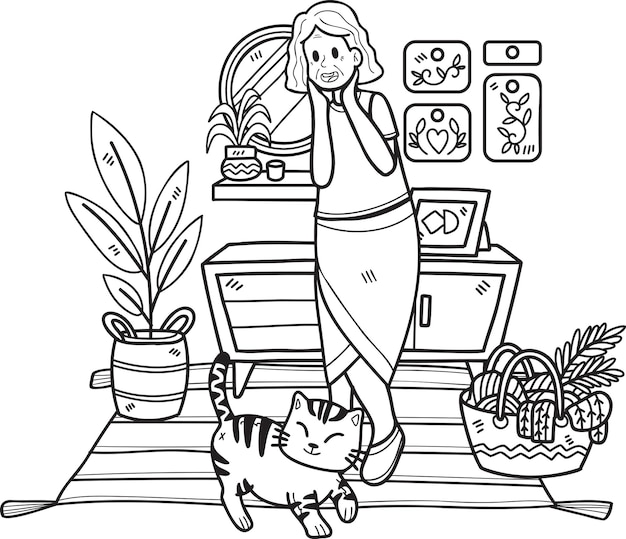 Juego de ancianos dibujados a mano con ilustración de gato en estilo garabato