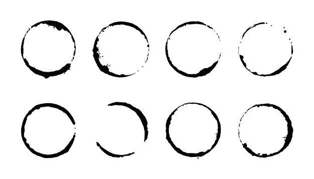 Juego de anillos para manchas de café. Ilustración vectorial. Sello de mancha de bebida con forma redonda y elemento de salpicadura. Efecto de círculo inferior de taza de café.