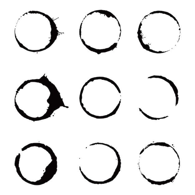 Juego de anillos para manchas de café. Ilustración vectorial. Sello de mancha de bebida con forma redonda y elemento de salpicadura. Efecto de círculo inferior de taza de café.