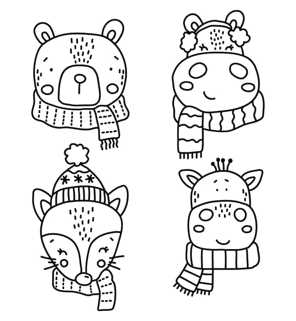 Vector juego de animales bebé, colección de animales de invierno, vector de dibujos animados de animales lindos, mascota con ropa gruesa