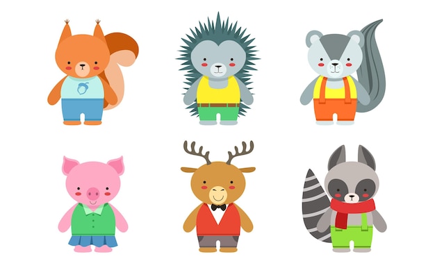 El juego de animales bebés lindos el tejón el zorro el erizo el cerdo el ratón la ilustración vectorial