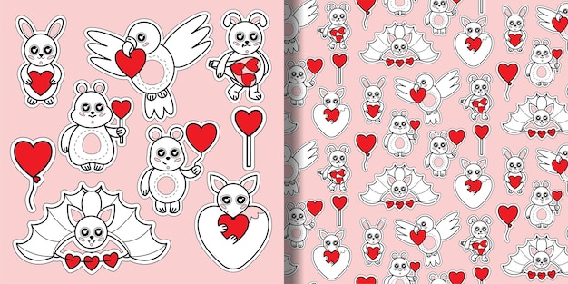 Juego de animales con estampado de corazones y patrones sin fisuras Juego de juguetes para niños con signos de amor para papel tapiz