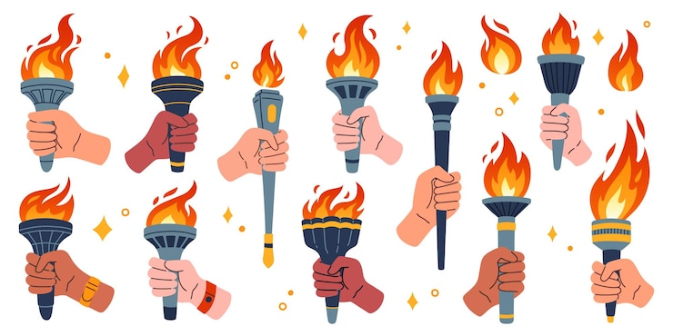 Vector el juego de la antorcha olímpica vector aislado antorchas ardientes llamas en las manos símbolos de la carrera de relevo
