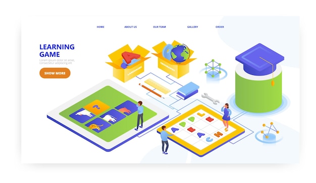 Juego de aprendizaje diseño de página de destino sitio web banner vector plantilla niños jugando juegos de rompecabezas de búsqueda de palabras
