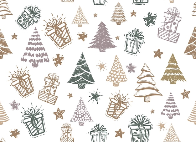 Juego de árboles de Navidad, ilustraciones dibujadas a mano.