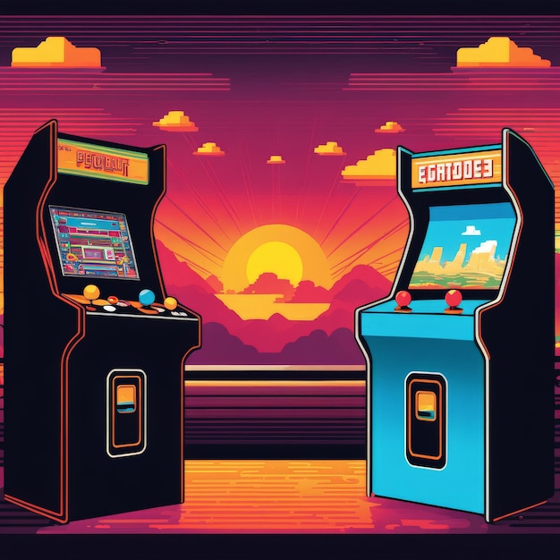 Juego de arcade con arcade arcade con arcade y escena de videojuego ilustración vectorial desi
