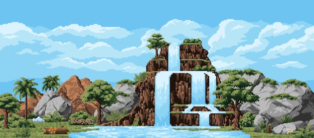 Juego de arcade de arte de 8 bits paisaje prehistórico