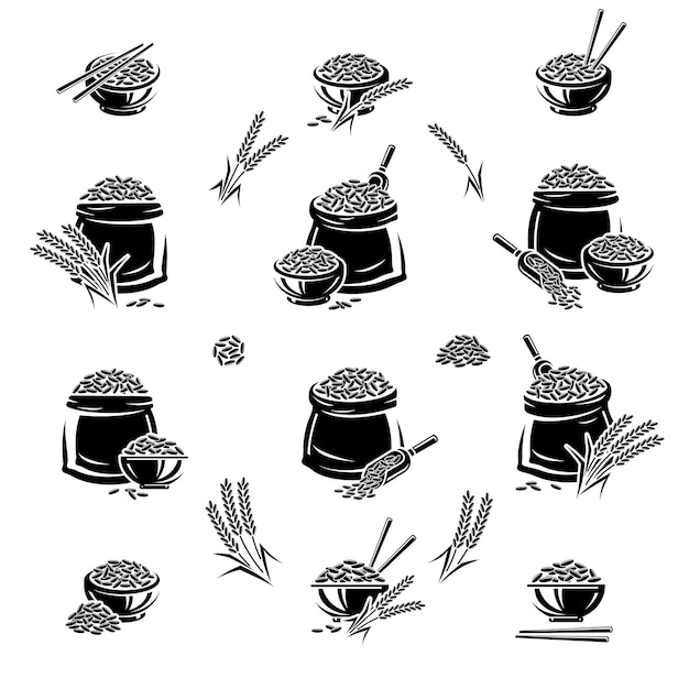 Juego de arroz. Arroz de icono de colección. ilustración vectorial