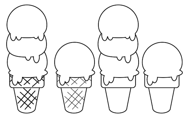 Juego de arte lineal de cono de helado. Esquema del vector de helado