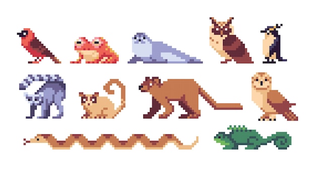 Juego de arte de píxeles de animales de Madagascar. Rara colección de vida silvestre exótica. Lémures, fosa y tenrecs.