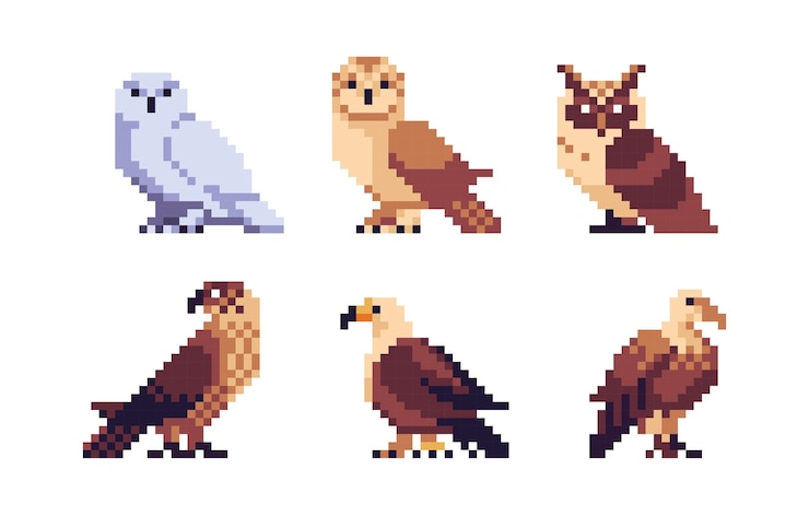 Vector juego de arte de píxeles de aves rapaces. buitre, búho, colección de halcones. especies carnívoras.