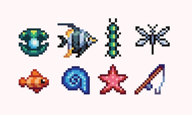 Juego de arte de píxeles de captura y caña de pesca colección de insectos de peces y mariscos sprite de 8 bits