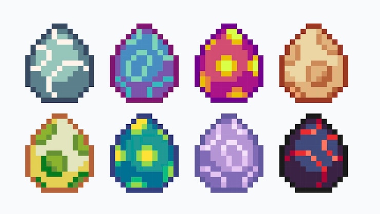Vector juego de arte de píxeles de huevos de monstruo de fantasía colección mágica de huevos de dragón o dinosaurio sprite de 8 bits