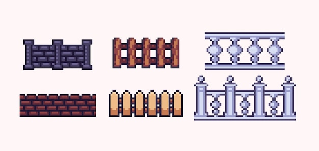 Juego de arte de píxeles de valla de madera, ladrillo y mármol. Colección de muros fronterizos de piedra.