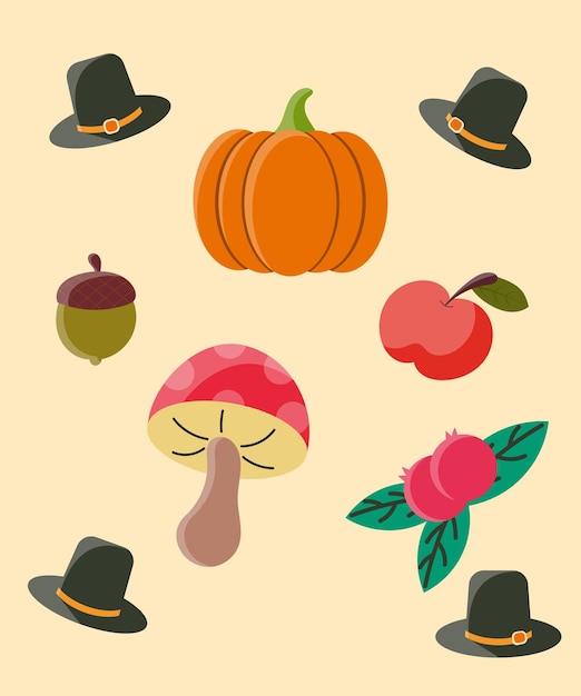 Vector juego de artículos de otoño sombrero calabaza nuez de bayas