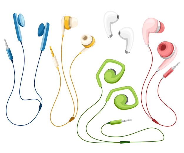 Vector juego de auriculares con cable e inalámbricos. auriculares coloridos con estilo. accesorios de estilo de vida. ilustración sobre fondo blanco