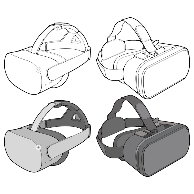 Juego de auriculares de realidad virtual para colorear vector de dibujo Auriculares de realidad virtual dibujados en un estilo de dibujo Vector de contorno de plantilla de entrenadores de auriculares de realidad virtual para colorear Ilustración