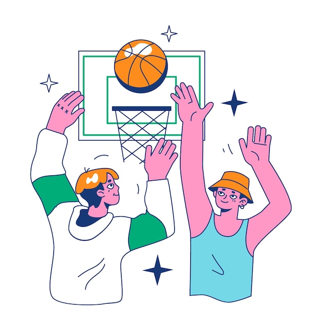 Juego de baloncesto callejero Jugadores de equipo juegan baloncesto afuera Adolescentes o jóvenes