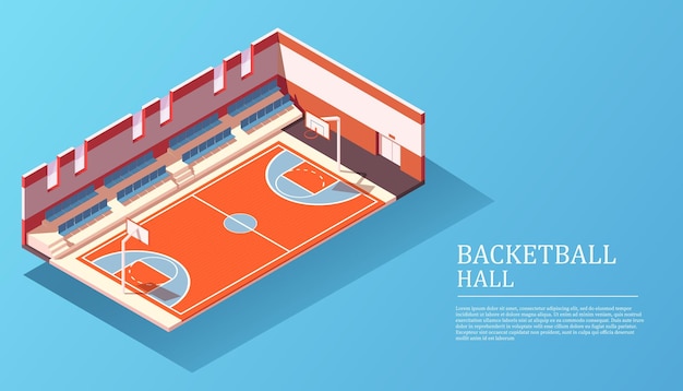 Vector juego de baloncesto en la cancha actividad deportiva lugar perfecto para la competencia de entrenamiento de partidos concepto de ejercicio para el torneo fondo azul ilustración vectorial isométrica