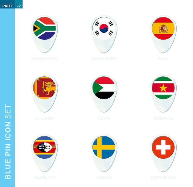 Juego de banderas pin, icono de ubicación del mapa en colores azules con bandera de Sudáfrica, Corea del Sur, España, Sri Lanka, Sudán, Surinam, Suazilandia, Suecia, Suiza