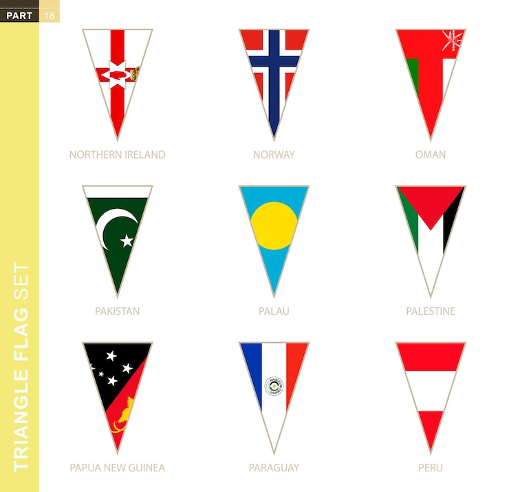 Vector juego de banderas triangulares, banderas estilizadas de países de irlanda del norte, noruega, omán, pakistán, palau, palestina, papua nueva guinea, paraguay, perú