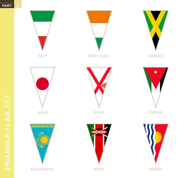 Juego de banderas triangulares, banderas estilizadas de países de italia, costa de marfil, jamaica, japón, jersey, jordania, kazajstán, kenia, kiribati