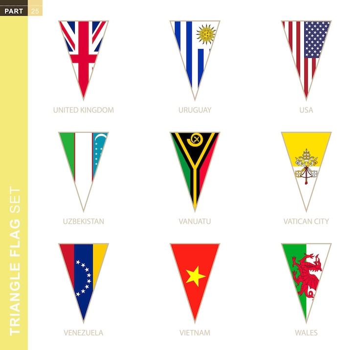 Vector juego de banderas triangulares, banderas de países estilizados del reino unido, uruguay, estados unidos, uzbekistán, vanuatu, ciudad del vaticano, venezuela, vietnam, gales
