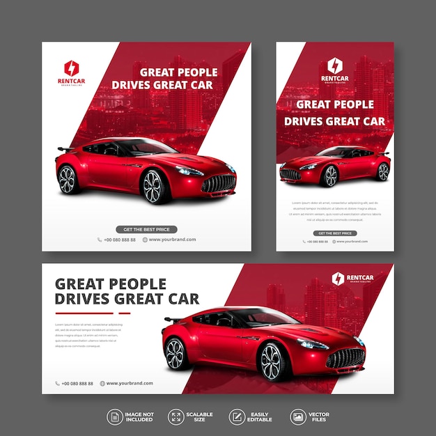 Juego de banner de venta y alquiler de coches rojos moderno y elegante