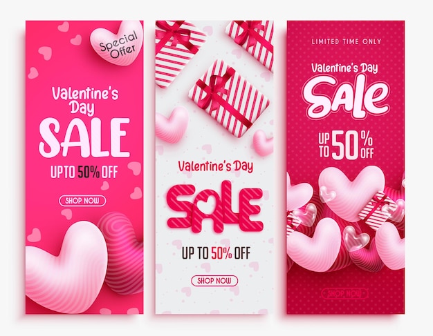 Vector juego de banners vectoriales de venta de san valentín. texto de descuento de san valentín con elementos de globo de corazón