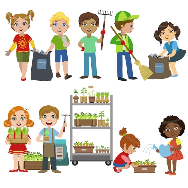 Vector juego de basura y jardinería para niños