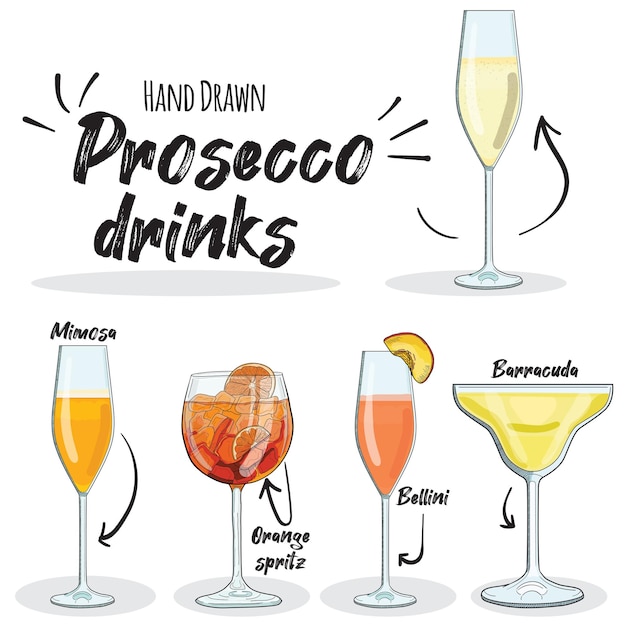 Juego de bebidas Prosecco coloridas dibujadas a mano Mimosa Bellini Barracuda Orange spritz