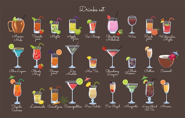 Juego de bebidas sobre un fondo marrón. gráficos vectoriales.