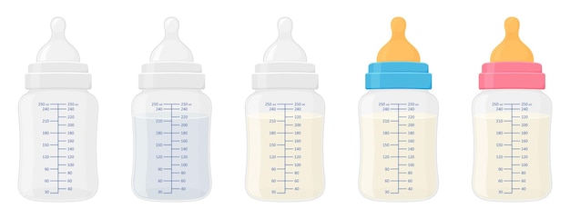 Juego de biberones. Vector ilustración plana de botellas de leche de plástico para bebés recién nacidos llenas y vacías con pezones de silicona y látex aislados sobre fondo blanco.