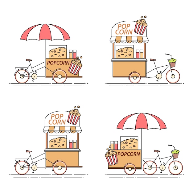 Juego de bicicletas de palomitas de maíz. Varios carros sobre ruedas en línea plana de arte.