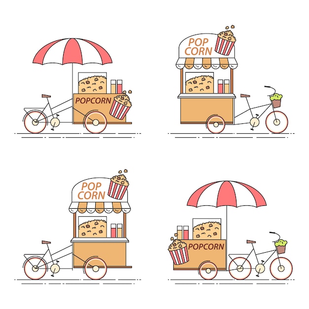 Vector juego de bicicletas de palomitas de maíz. varios carros sobre ruedas en línea plana de arte.