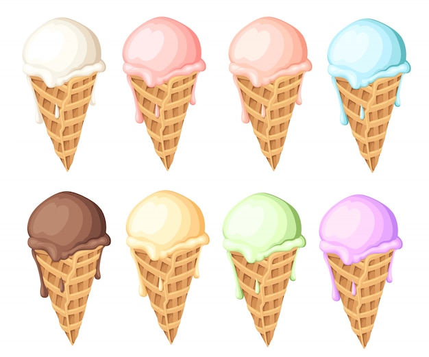 Juego de bolas de helado en conos de waffle. Diferentes colores de helado. ilustración sobre fondo blanco. Página del sitio web y aplicación móvil.
