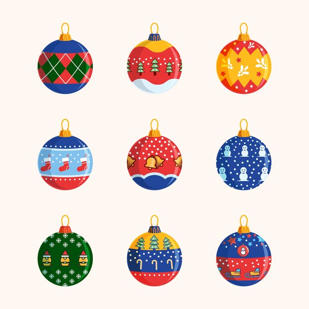 Juego de bolas de Navidad Bola de cristal de Navidad sobre fondo blanco Plantilla de decoración de vacaciones Ilustración vectorial