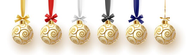 Juego de bolas de Navidad colgando de una cinta con lazo. Decoración Bolas de adorno de Navidad aisladas. Diseño 3d realista. Elementos decorativos de decoración navideña. ilustración vectorial