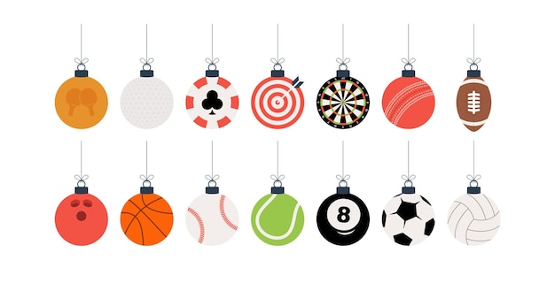 Juego de bolas de Navidad deportivas. Conjunto navideño con béisbol deportivo, baloncesto, fútbol, tenis, cricket, fútbol, voleibol, bolos, billar, dardos, pelotas de golf que cuelgan de un hilo. Ilustración vectorial.