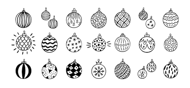 El juego de bolas de Navidad dibujado a mano bolas de navidad aisladas iconos de dibujo vectorial bolas para