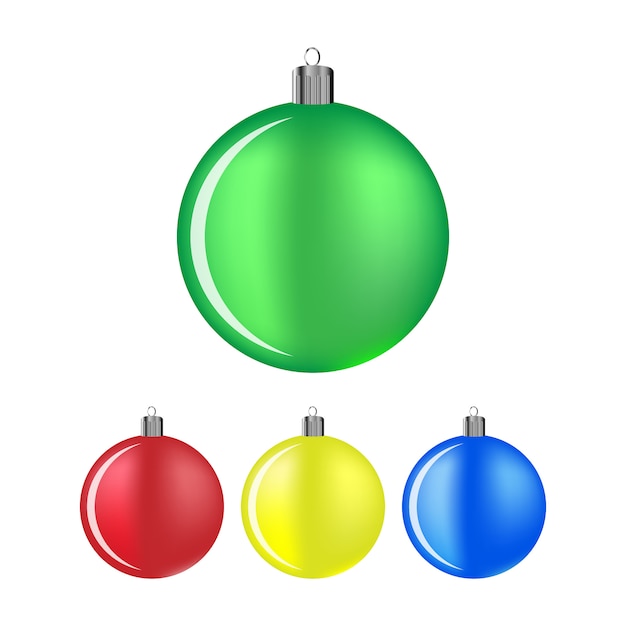 Juego de bolas navideñas en cuatro colores. bolas de navidad sobre fondo blanco. ilustración.