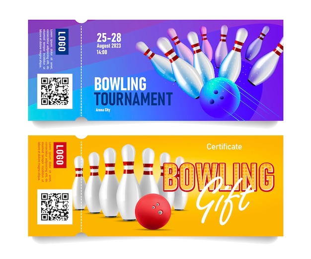 Juego de boletos de admisión para torneo o cupón de regalo para evento de bolos con ilustración