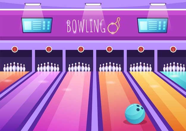 Juego de bolos Ilustración de diseño de fondo plano de dibujos animados dibujados a mano con pines Bolas y marcadores