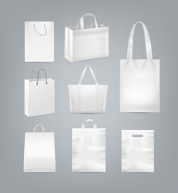 Vector juego de bolsas de la compra con asa de plástico de papel blanco